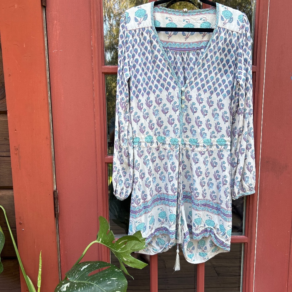 Spell Floral Print Long Sleeve Romper with blue/purple accents.  Free shipping!